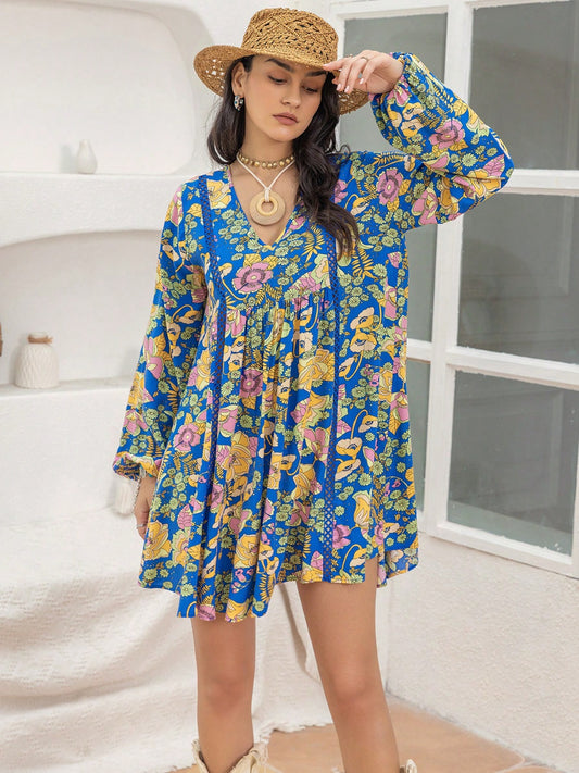 Printed V-Neck Balloon Sleeve Mini Dress