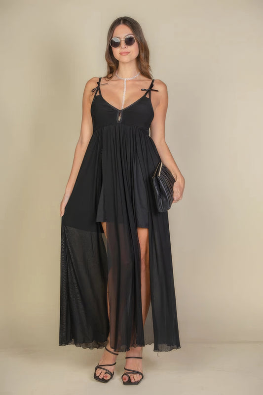 Plunge Neck Split Thigh Mesh Maxi Dress